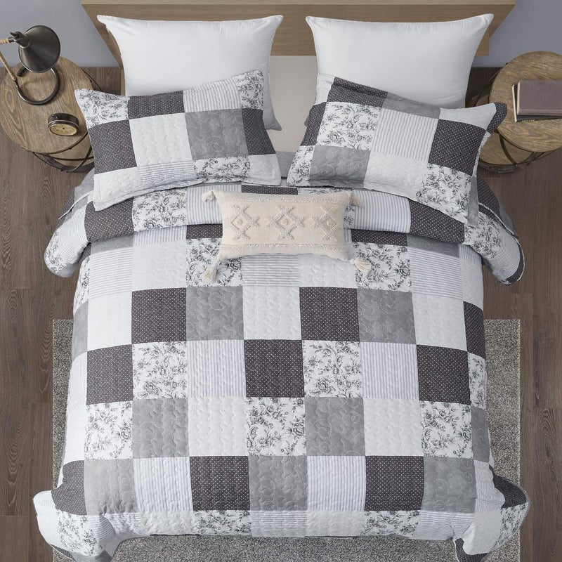 JessyHome Morden Lightweight Queen Bedspread - Floral & Plaid Reversible Quilt Set - Grey & Black White Paisley & Floral Pattern - Image 3